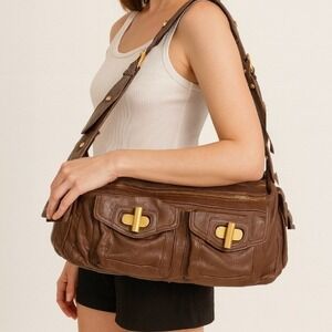 Kenneth Cole Jet Stream Leather Shoulder Bag Brown Gold Tone Hardware Large Hobo